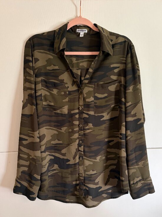 Express Tops - Express Shirt Womens Small Camo Sheer Roll Tab Button Up Blouse Size Large